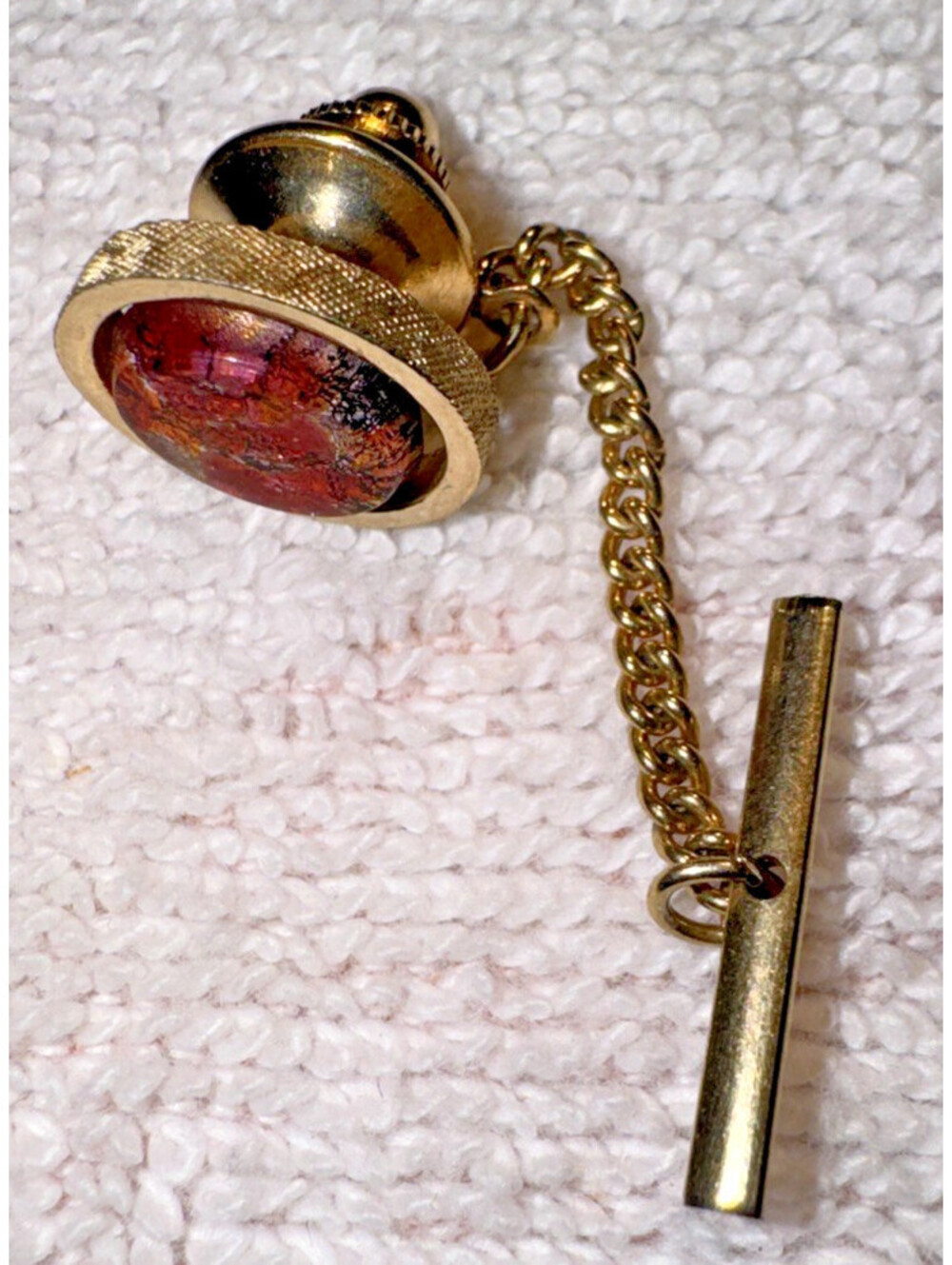 Vintage Tie Tack Gold Tone Amber Glass Stone Chain T Bar Mens Accessory